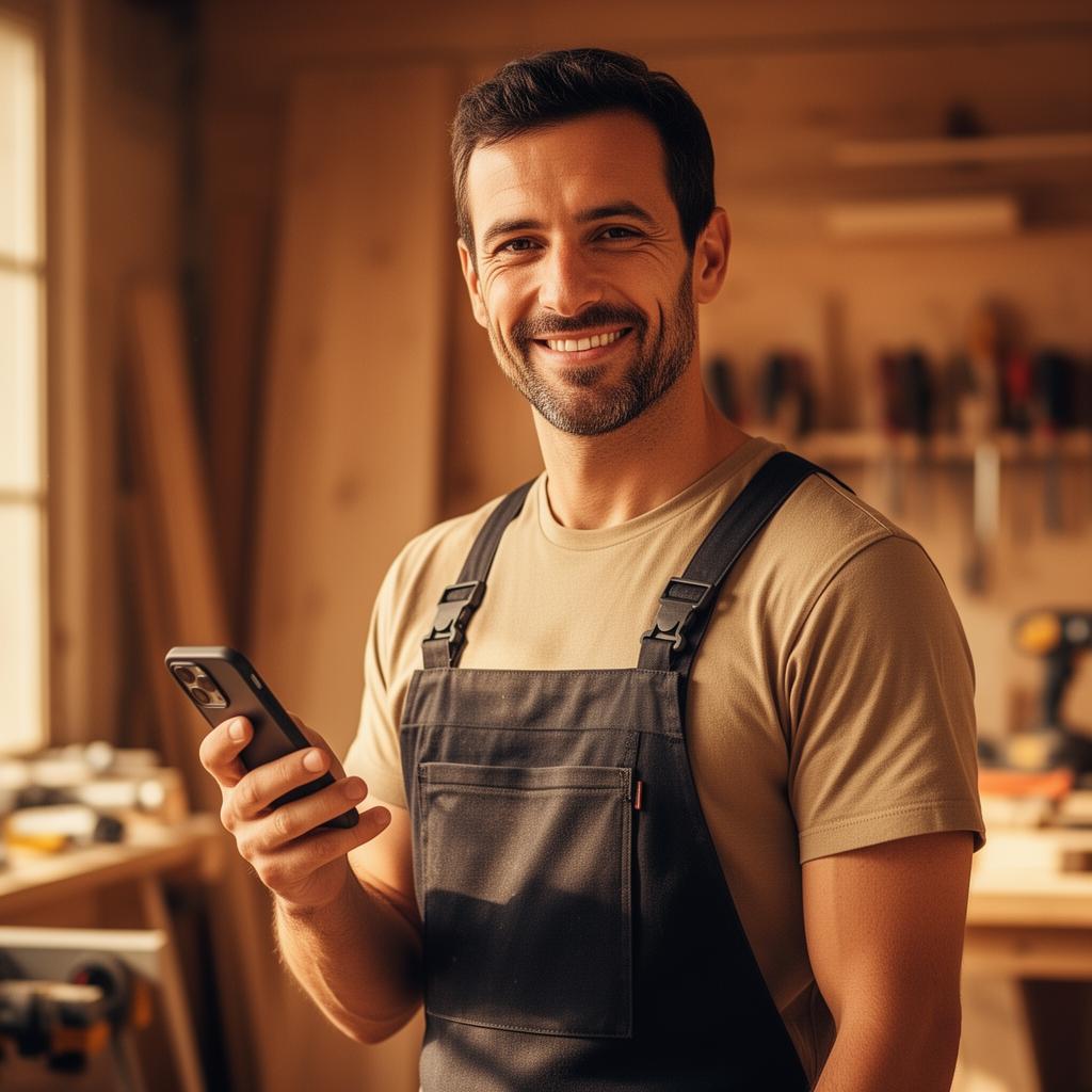 Artisan français souriant utilisant son smartphone, fier de son site internet
